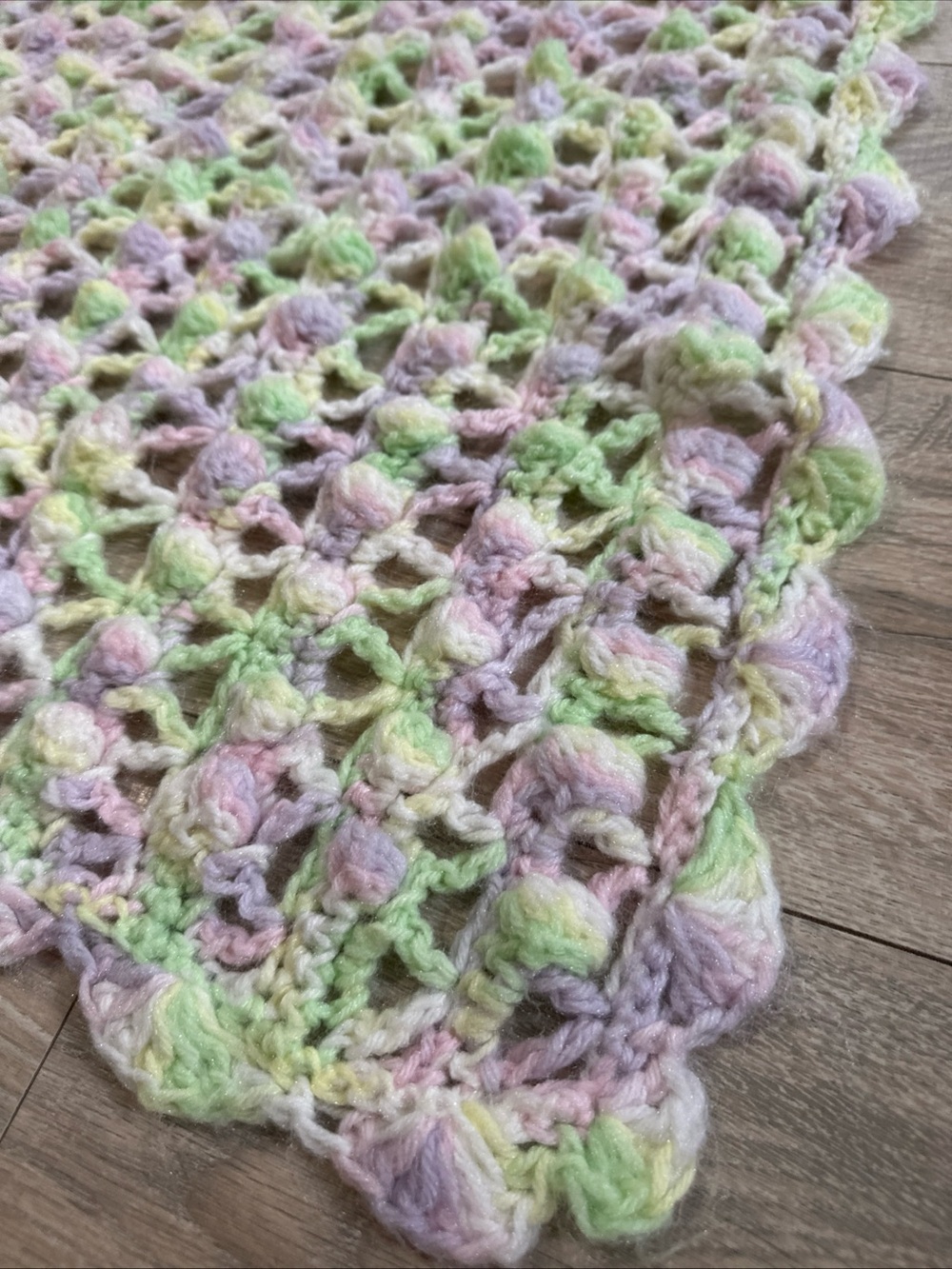 Crocheted Baby Blanket Handmade Soft Pastel Colors Purple Pink Green 37"x 35"
